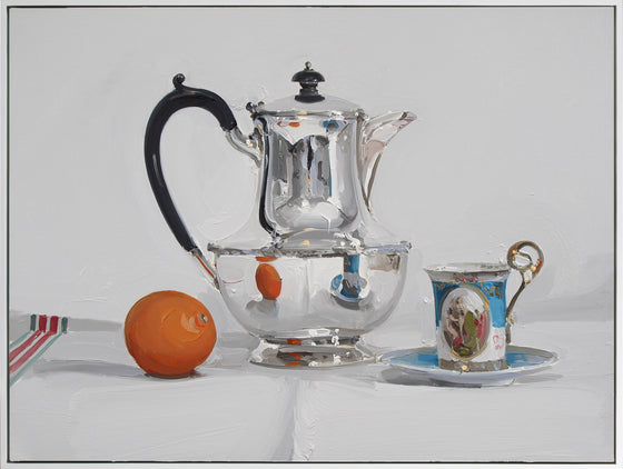Silver Coffee Pot with Cup and Mandarin