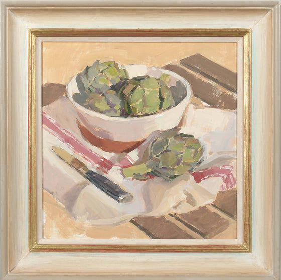 Artichokes with Pink Striped Cloth