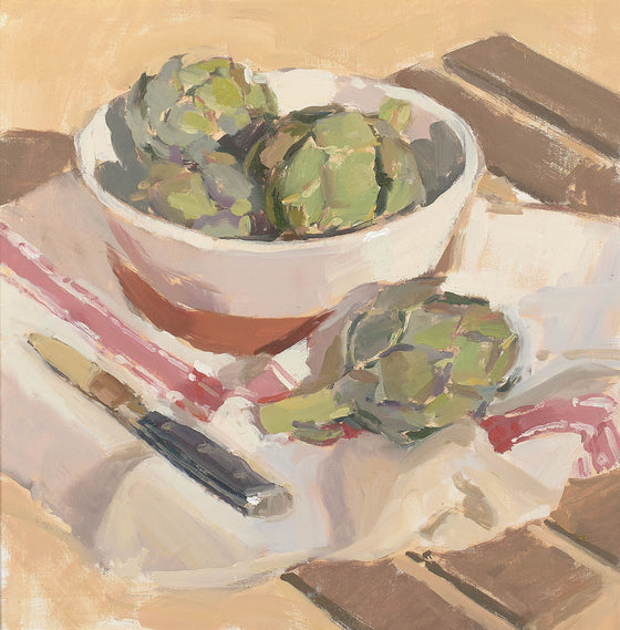 Artichokes with Pink Striped Cloth