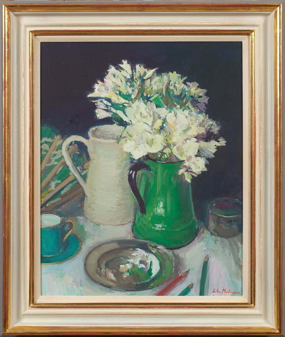 Freesias in a Green Jug