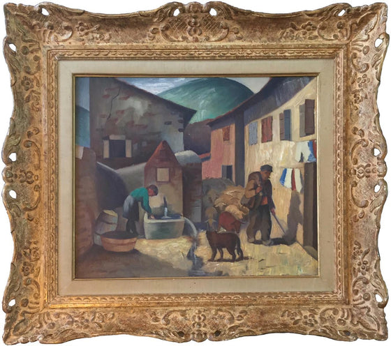 Shepherd herding sheep through a mountain village