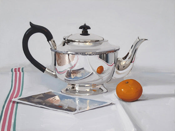 Silver Teapot with Postcard and Mandarin