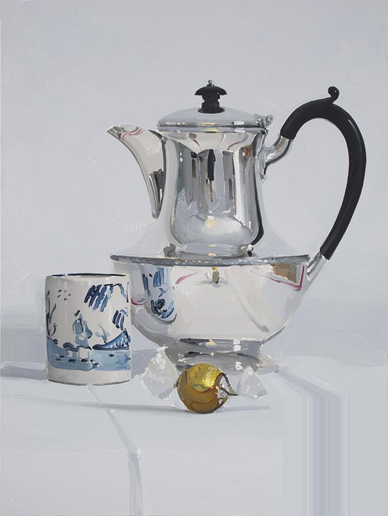 Silver Coffee pot with cup and white Chocolate