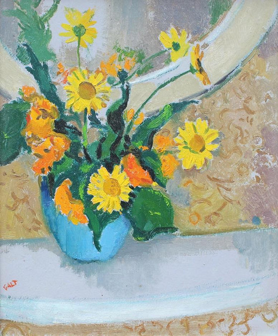 Orange & Yellow Flowers in Blue Vase