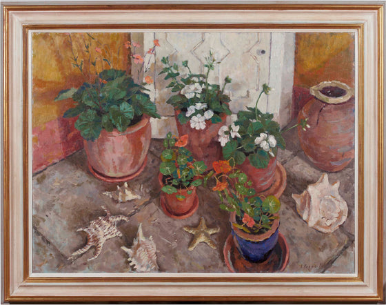 Alice Boggis-Rolfe contemporary British artist 'Geraniums, Geum and Nasturtiums' framed