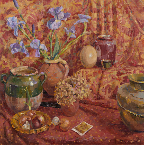 Alice Boggis-Rolfe contemporary British artist 'Still Life with Irises and an Ostrich Egg'