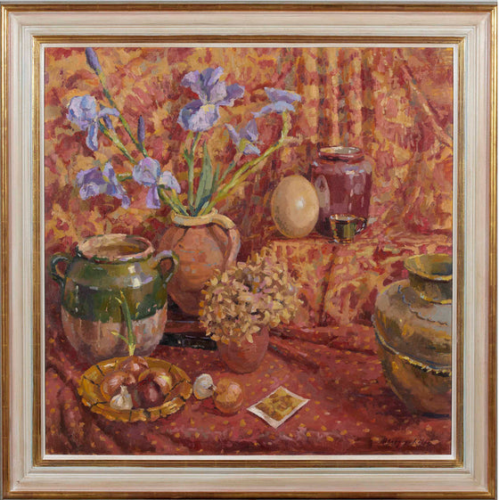 Alice Boggis-Rolfe contemporary British artist 'Still Life with Irises and an Ostrich Egg' framed