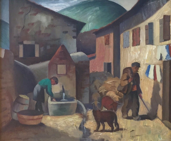 Shepherd herding sheep through a mountain village