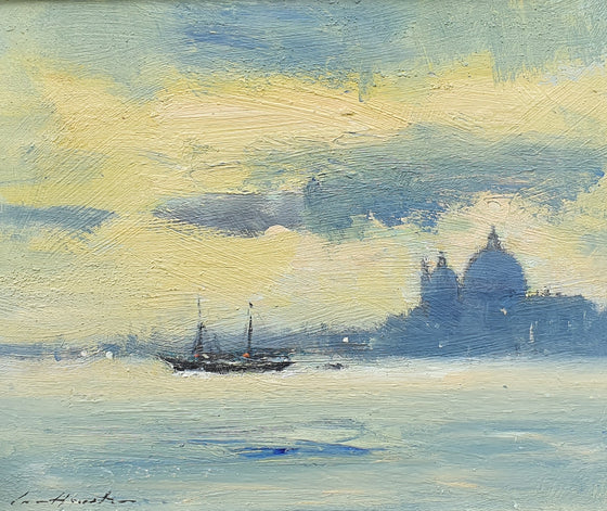 A view of a motor sailing vessel arriving in the Lagoon Venice with a view of San Giorgio Maggiore beyond Oil painting by British Impressionist Ian Houston at Panter & Hall Gallery, London
