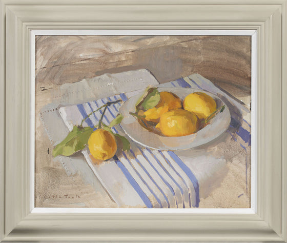 Lemons with Blue-Striped Dishcloth