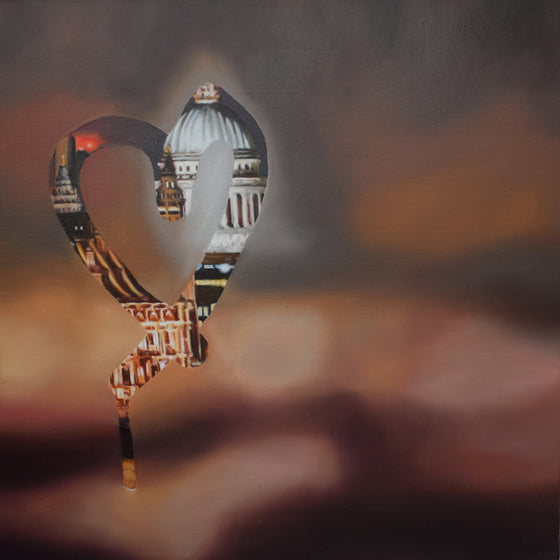 Original Oil painting by Lucy du Sautoy. A heart shape is drawn on a misty window. The clear glass of the heart clarifies an otherwise blurred purple and grey background as St Paul's Cathedral in London.  