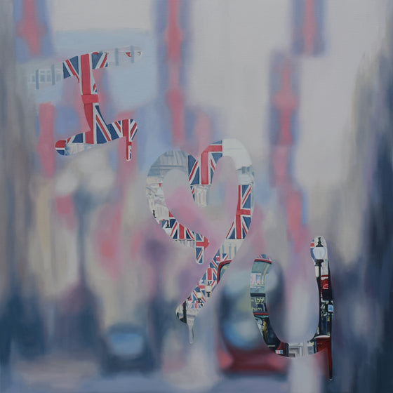 Original oil painting by Lucy du Sautoy. On a blurry window, the note 'I 'Heartshape' U' is written in the condensation revealing details of a London street scene featuring lots of union jack flags, a red London bus and a street lamp. 