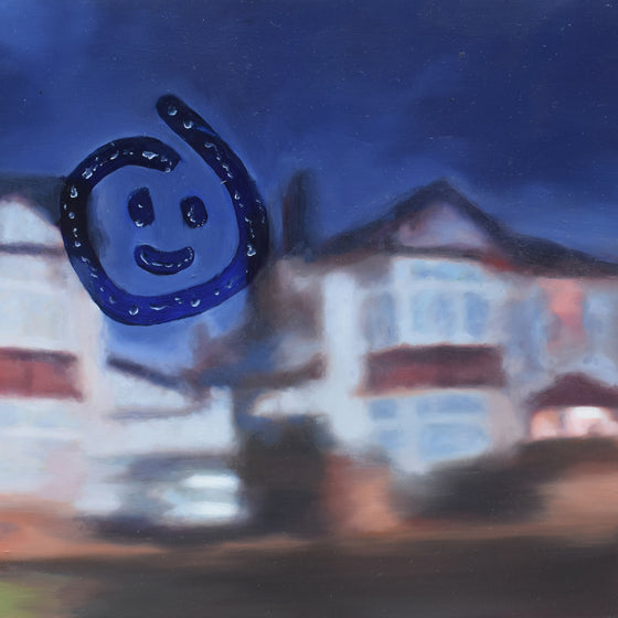 Original oil painting by Lucy du Sautoy. A smiling face is drawn on to a blurry window creating little water droplets.  In the background, the blurred shapes of a house can be made out against a dark blue night sky. 
