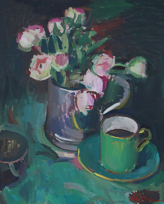 Ranunculus and Green Coffee Cup