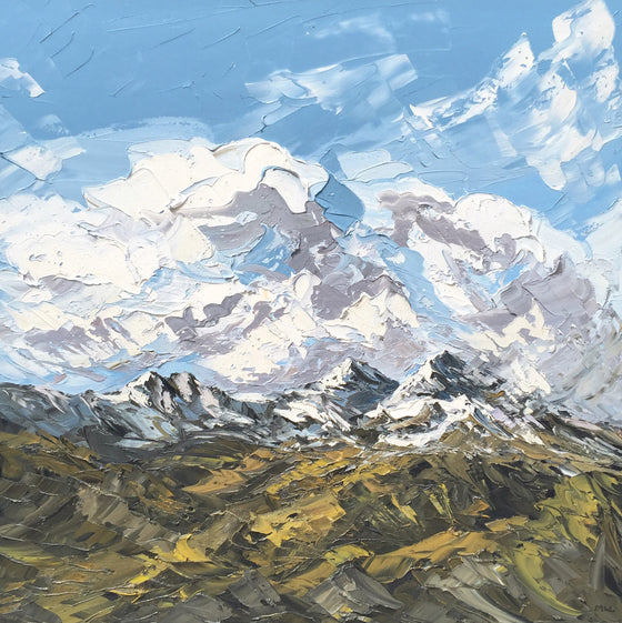 Martin Llewellyn Snowcapped Mountains, North Wales Welsh Artist Martin Llewellyn Painting Snowdonia in the style of Kyffin Williams, contemporary Welsh Art