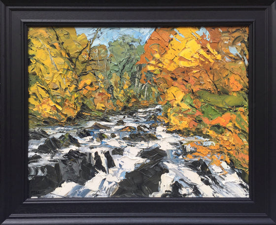 Martin Llewellyn Swallow Falls at Autumn Welsh Artist Martin Llewellyn Painting Snowdonia in the style of Kyffin Williams, contemporary Welsh Art