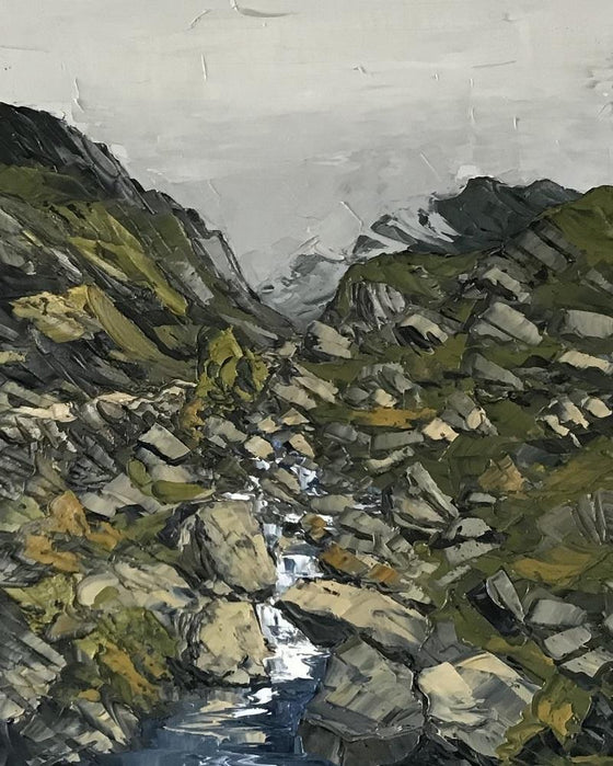 Llanberis Pass Welsh Artist Martin Llewellyn Painting Snowdonia in the style of Kyffin Williams, contemporary Welsh Art