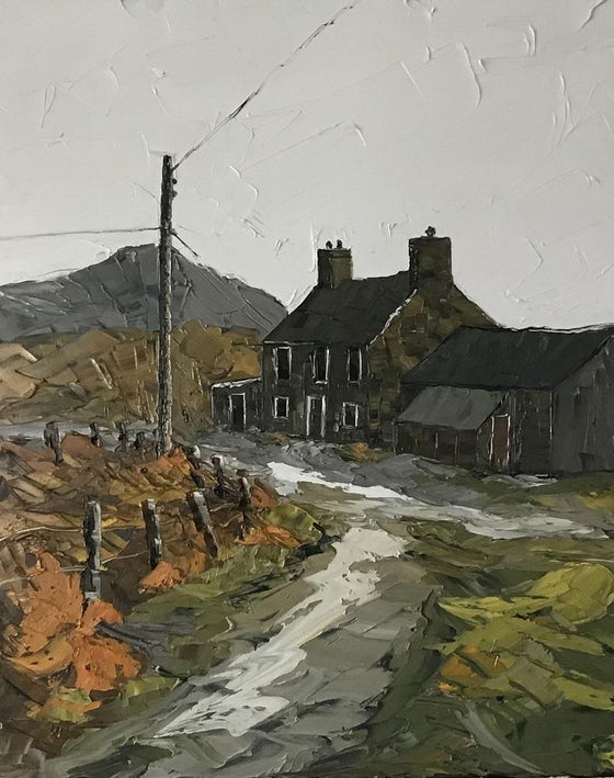 Remote Cottage in North Wales Welsh Artist Martin Llewellyn Painting Snowdonia in the style of Kyffin Williams, contemporary Welsh Art