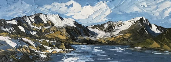 Snow on Y Garn Welsh Artist Martin Llewellyn Painting Snowdonia in the style of Kyffin Williams, contemporary Welsh Art