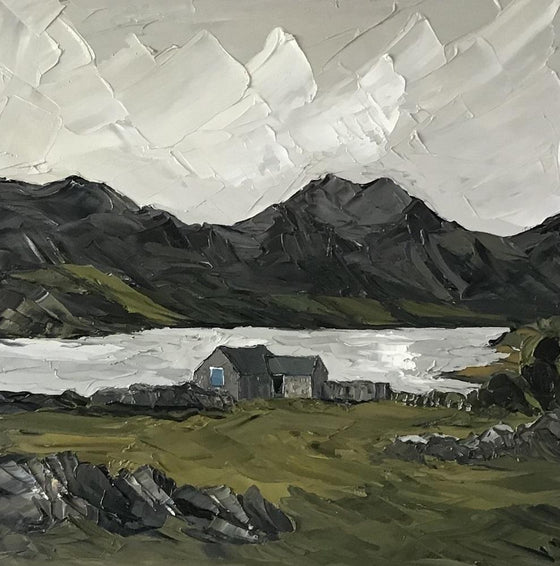 View of Y Garn Welsh Artist Martin Llewellyn Painting Snowdonia in the style of Kyffin Williams, contemporary Welsh Art