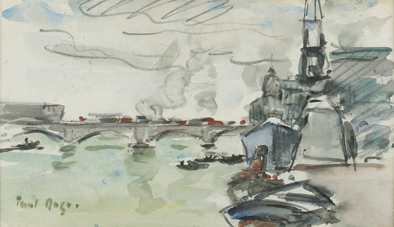 A Naval vessel moored at a river spanned by a bridge