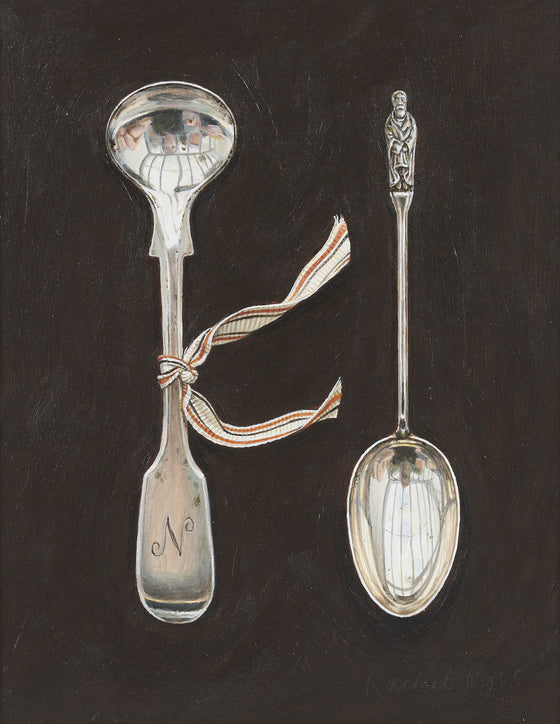 Apostle and Monogrammed Spoons with Striped Ribbon