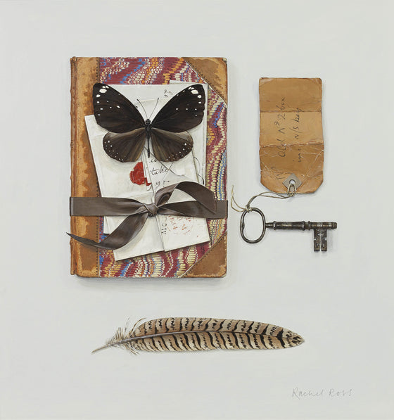 Book with Butterfly, Key and Feather