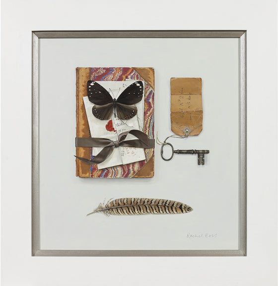 Book with Butterfly, Key and Feather