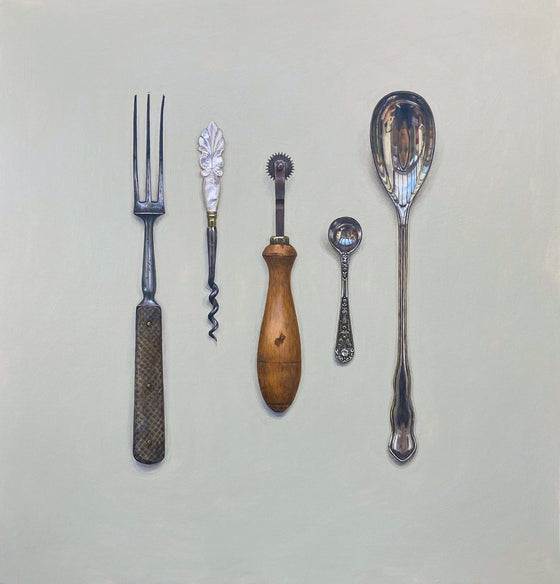 Rachel Ross Scottish Art realist still life paintings 'Collected Cutlery with Mother of Pearl Corkscrew'