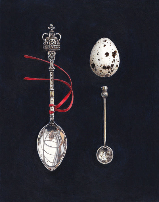 Rachel Ross Scottish Art realist still life paintings 'Quail’s Egg with Crown and Salt Spoons'