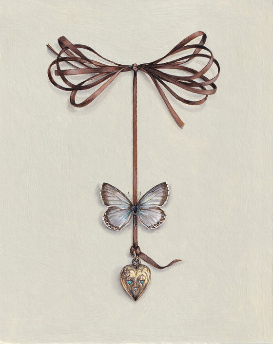 Rachel Ross Scottish Art realist still life paintings 'Suspended Locket with Blue Butterfly'