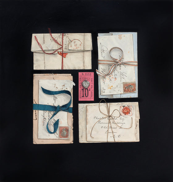 Rachel Ross Scottish Art realist still life paintings 'Tied Letters with Locket'