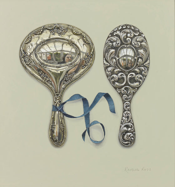 Two Silver Mirrors with Blue Ribbon