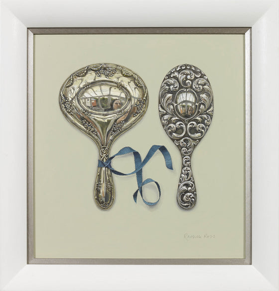 Two Silver Mirrors with Blue Ribbon
