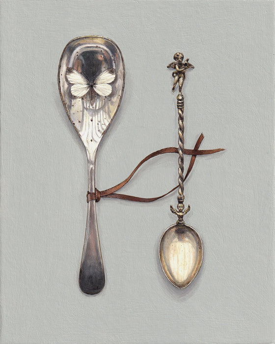 Two Spoons with Small White Butterfly and Ribbon