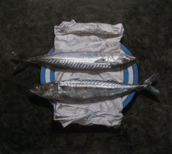 Two Mackerel, Paper and Plate