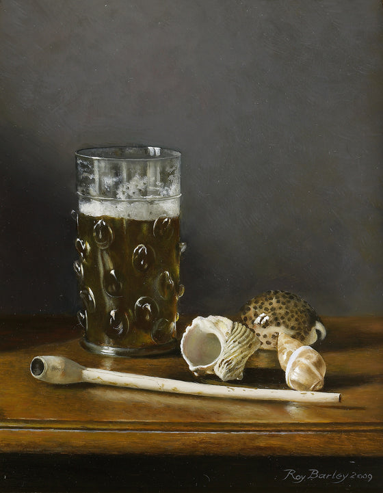 Dutch Beer Glass with Sea Shells and Clay Pipe
