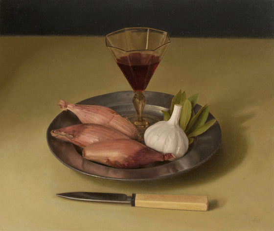 Still Life with Wine, Garlic and Shallots