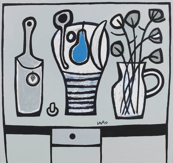 Blue Pear, Flowers and Bottle
