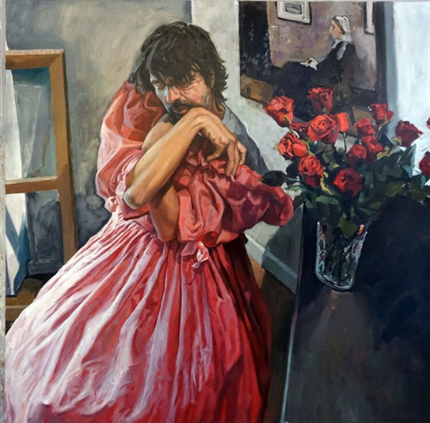 Valeria Duca contemporary figurative artist The Man in the Pink Dress Panter and Hall