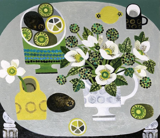 White Hellebores & Yellow Vase